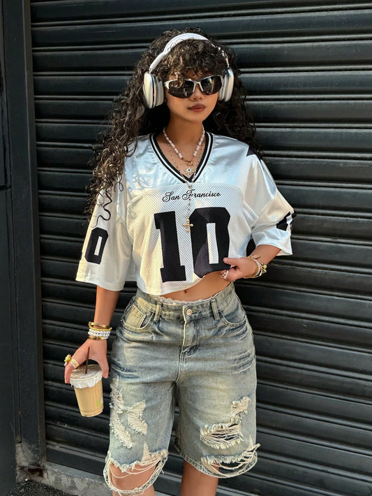 Y2K Casual Sports Shirt American No. 10 Jersey V-Neck