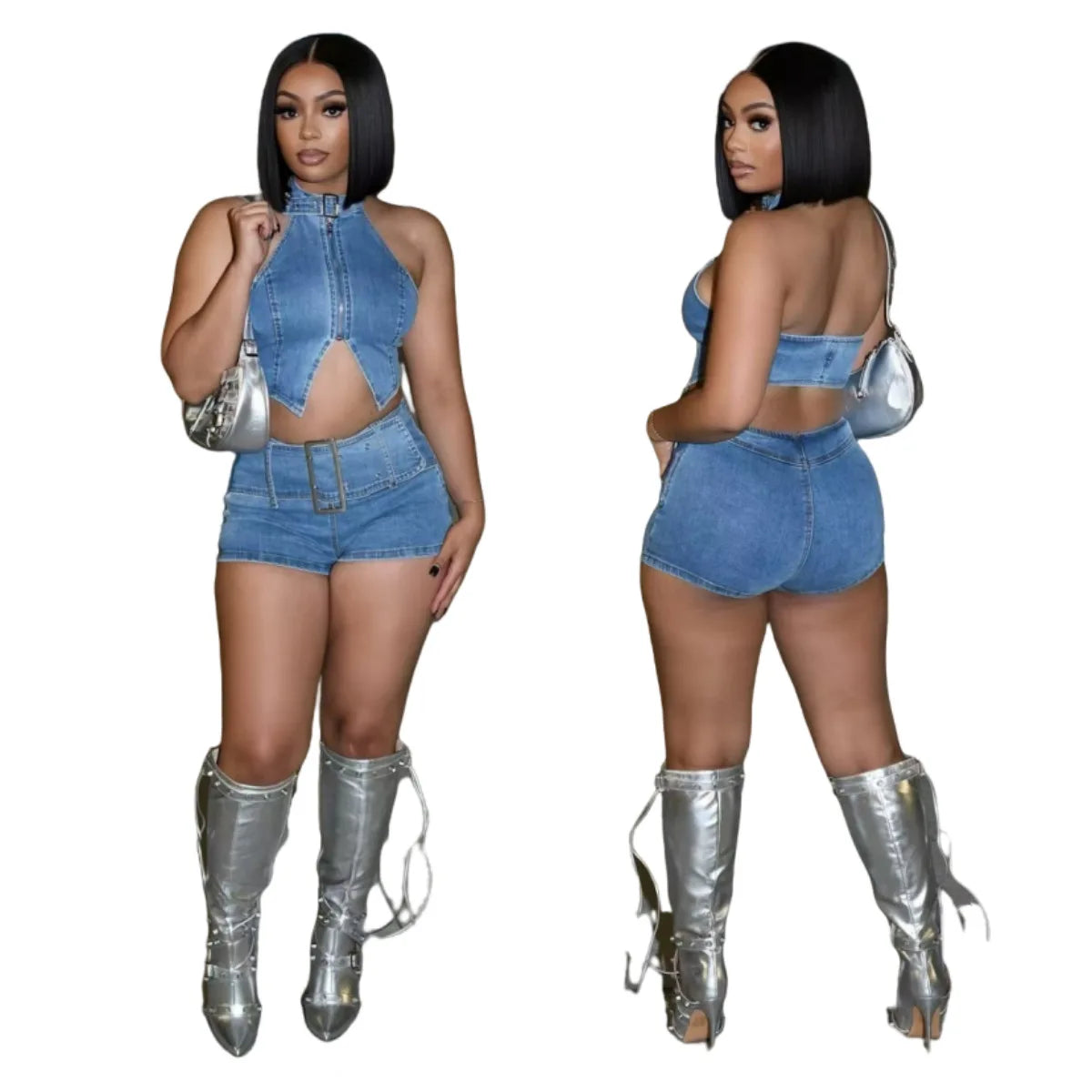 Y2K Sexy Denim 2 Piece Sets, Sleeveless Backless Halter Crop Top and Shorts Suit streetwear