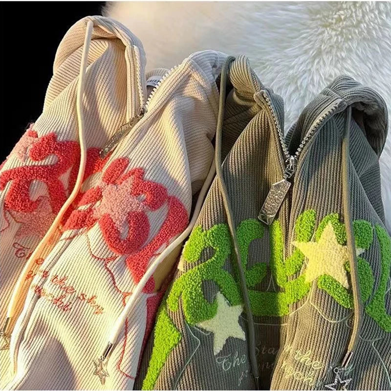 Embroidery Zip Up Hoodies Women Long Sleeve Tops Loose Hood Shirt Harajuku Y2K