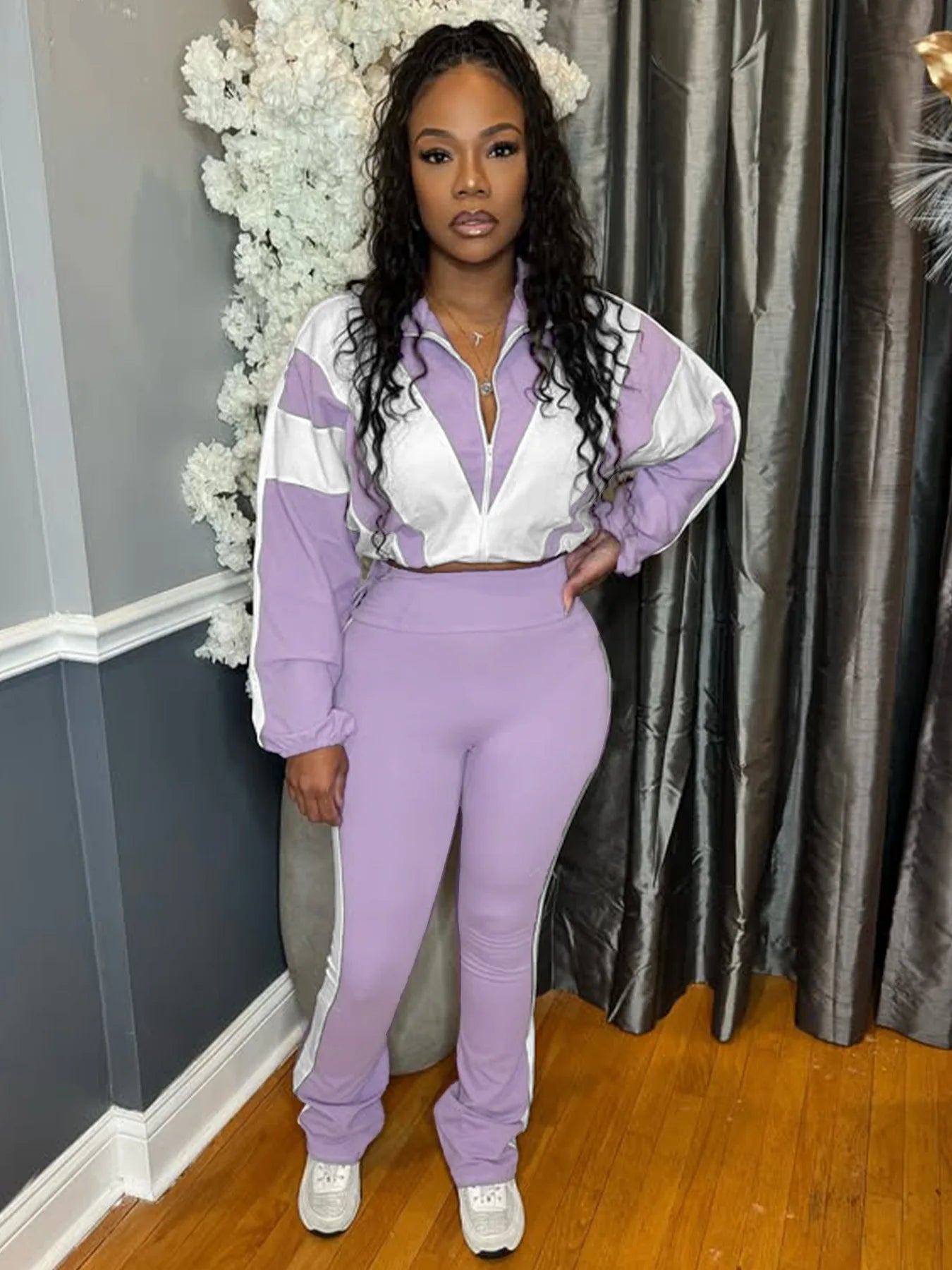 Two Piece Outfits Color Block Long Sleeve Zipper Jacket and Jogger Pants Tracksuit Streetwear