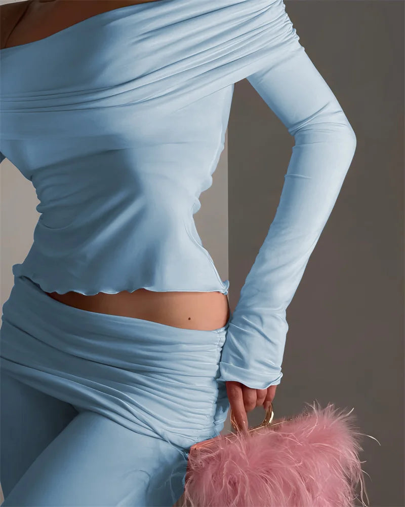 Two Pieces Sets Women Off-shoulder Long Sleeve T-shirt And Trouser Ruffle Ruched Long Pants Set