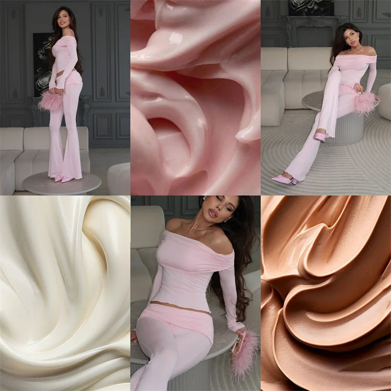 Two Pieces Sets Women Off-shoulder Long Sleeve T-shirt And Trouser Ruffle Ruched Long Pants Set