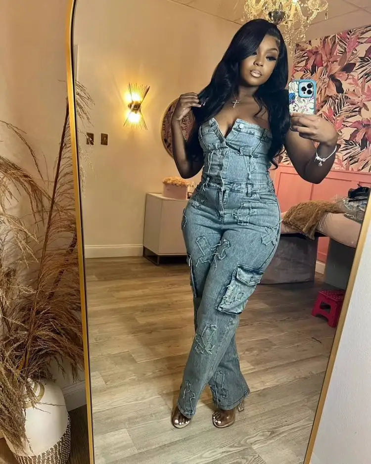 Jeans Cargo Jumpsuit Sexy Strapless Denim Casual Overalls Romper