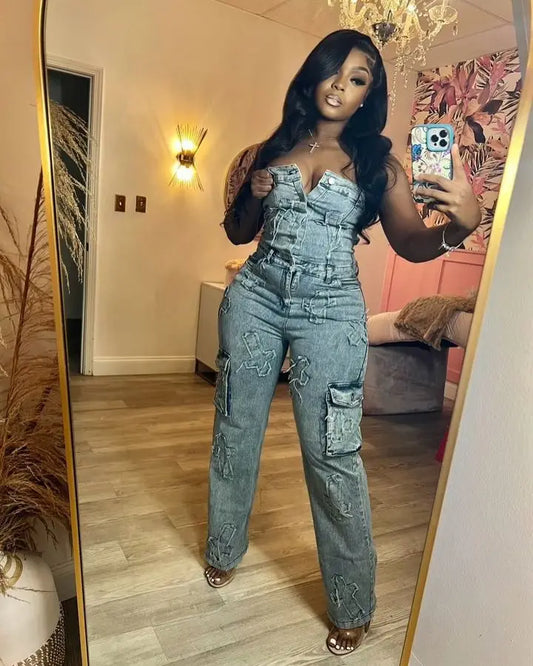 Jeans Cargo Jumpsuit Sexy Strapless Denim Casual Overalls Romper