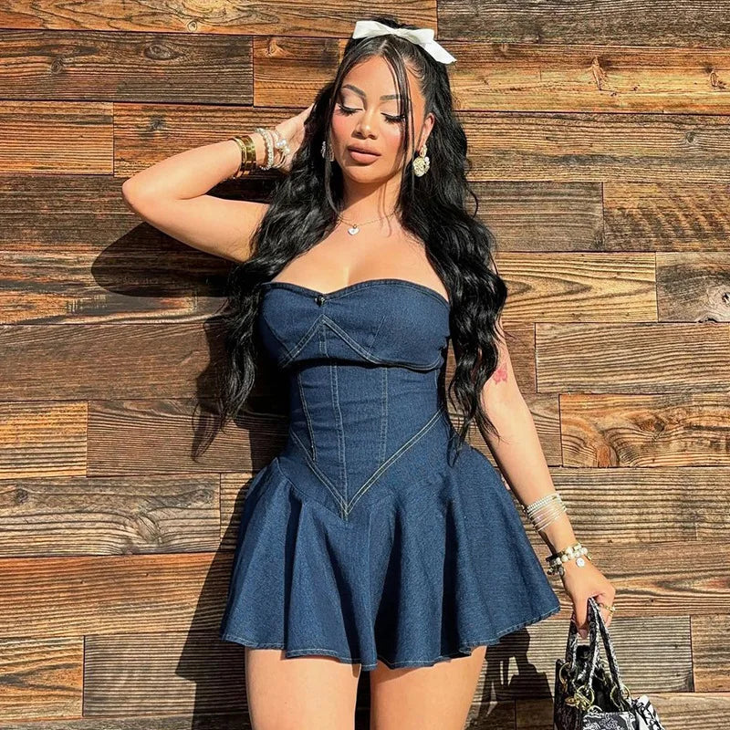 Blue Denim Dress Strapless Pleated Mini Dresses