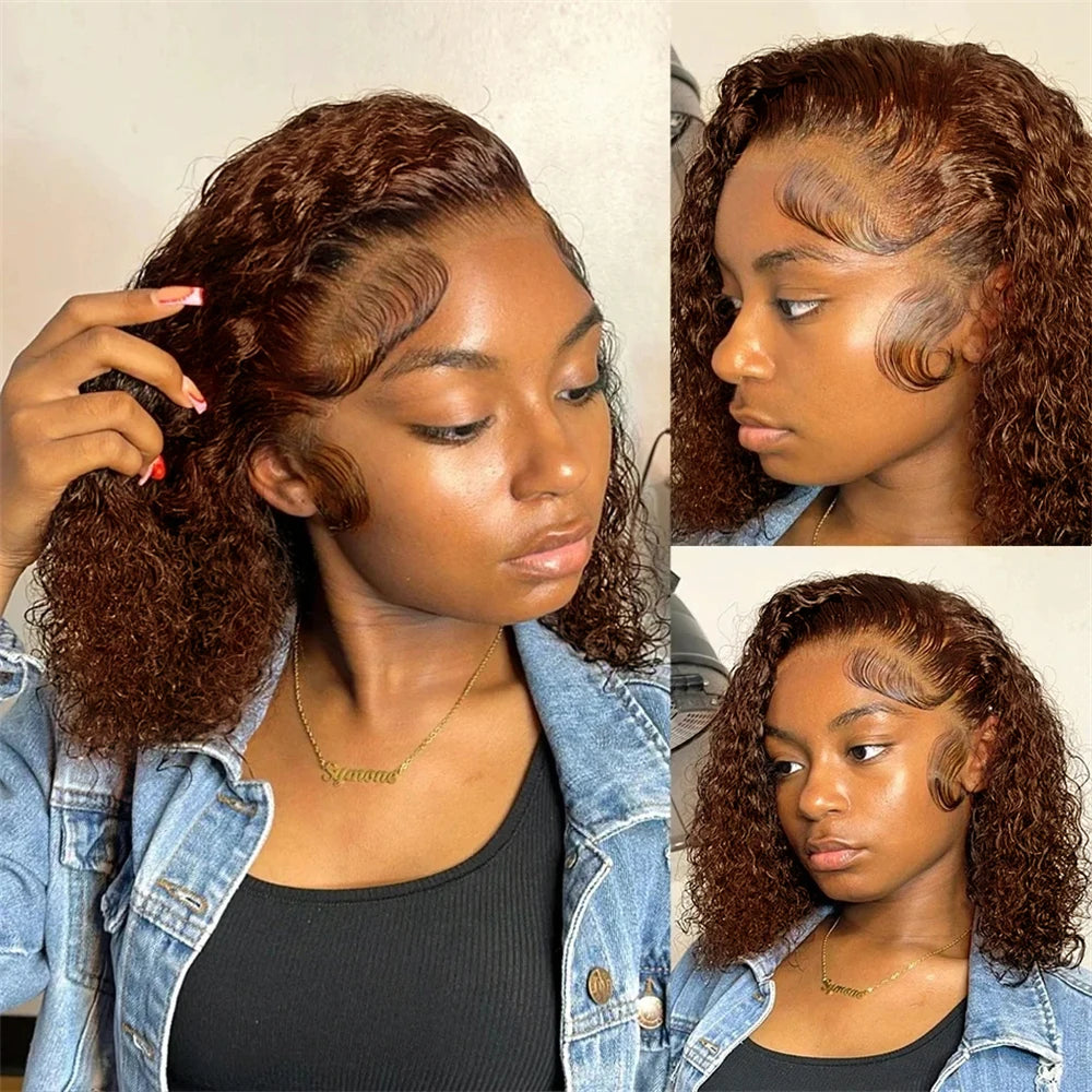 Brown kinky Curly Short Bob Wig Brazilian Water Deep Wave Human Hair Preplucked Short Pixie