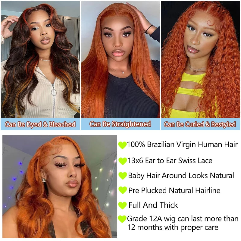 Ginger Orange Human Hair Body Wave Wig Pre Plucked