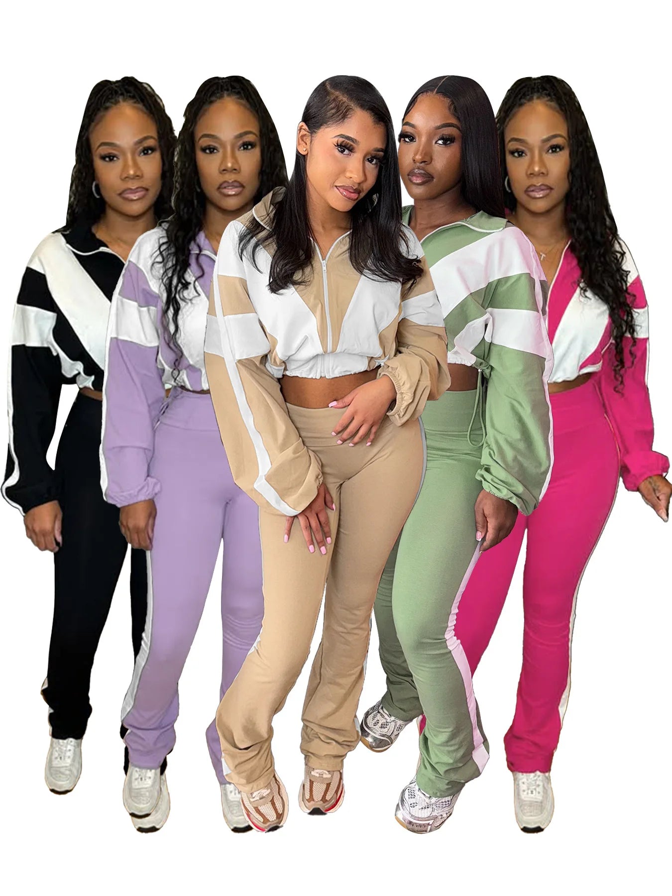 Two Piece Outfits Color Block Long Sleeve Zipper Jacket and Jogger Pants Tracksuit Streetwear