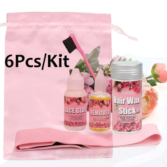 Lace Wig Glue And Remover For Front Lace Wigs 6Pcs Kit Wig Bags Lace Melting Band Hair Wax Stick Edge Brush Wig Install Kit