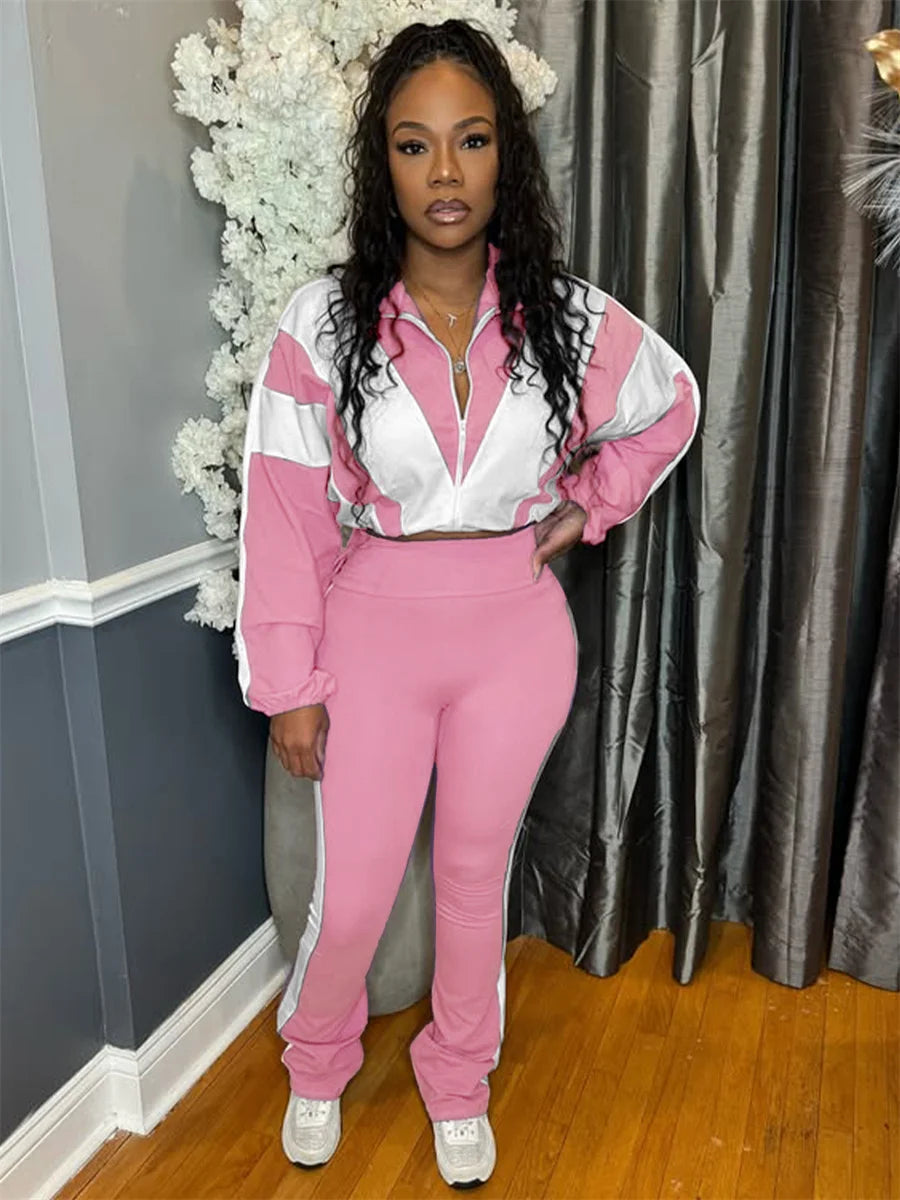 Two Piece Outfits Color Block Long Sleeve Zipper Jacket and Jogger Pants Tracksuit Streetwear