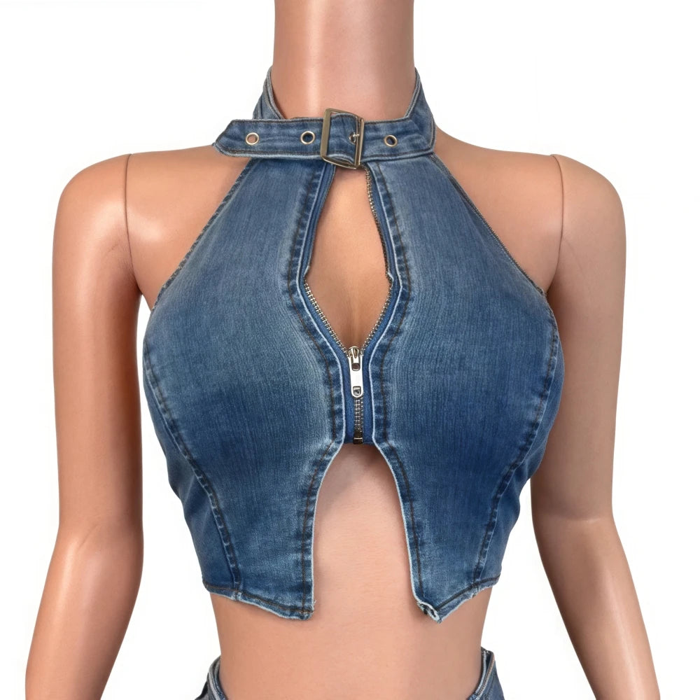 Y2K Sexy Denim 2 Piece Sets, Sleeveless Backless Halter Crop Top and Shorts Suit streetwear