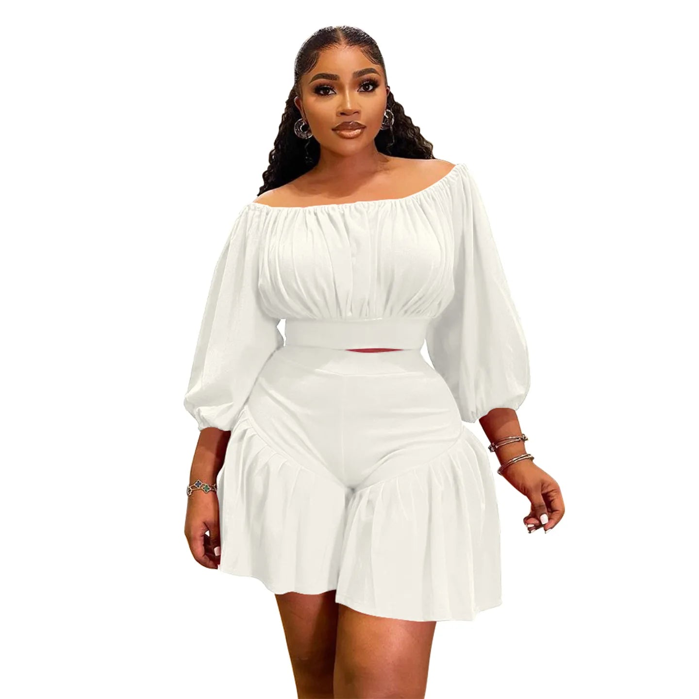 Plus Size Long Sleeve Slash Neck T-Shirt and Shorts Ruched 2 Piece Set