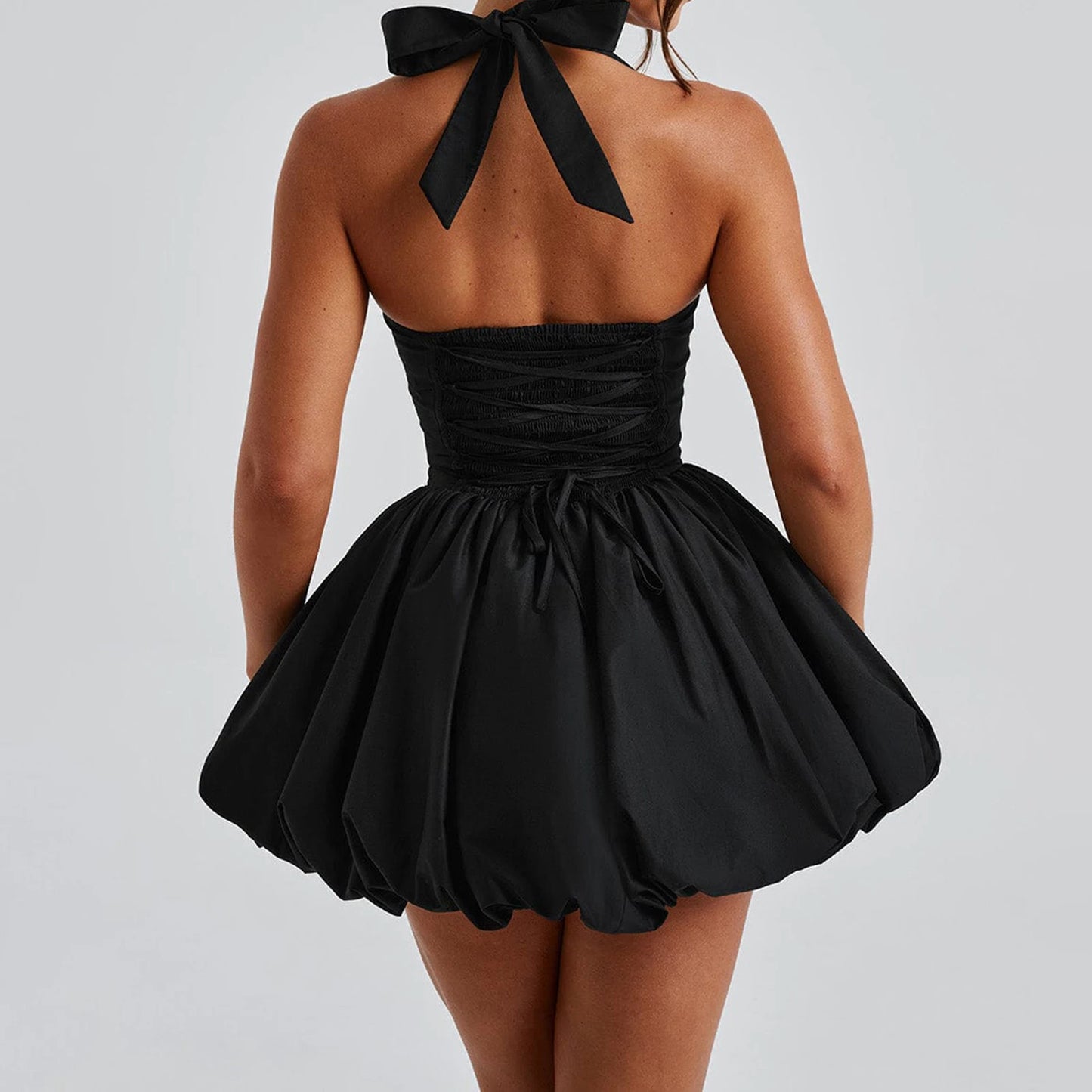 Women Bubble Halter Mini Dress Elegant  Tie up Backless Corset