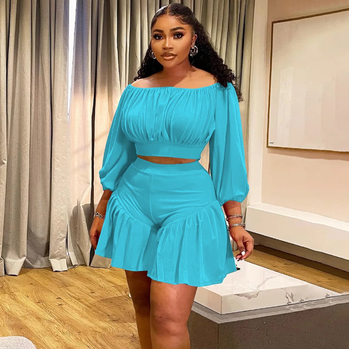 Plus Size Long Sleeve Slash Neck T-Shirt and Shorts Ruched 2 Piece Set