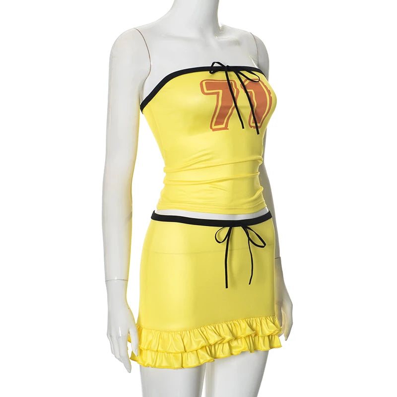 Letter Print 2 Piece Sets  Strapless Skinny Tops+Low Waist Ruffles Tierred Mini Skirts Matching Outfit