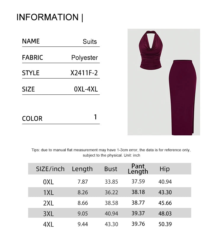 Plus Size Burgundy Sexy Romantic Urban Woman Sleeveless Neck Swing Neck Top + Split Half Skirt Long Skirt Two Piece Set