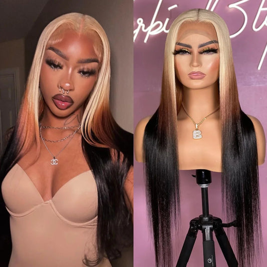 613 Blonde with Brown Ombre Wig Synthetic Lace Front Wig Long Straight Body Wave Frontal Gradient Colored Wigs for Women