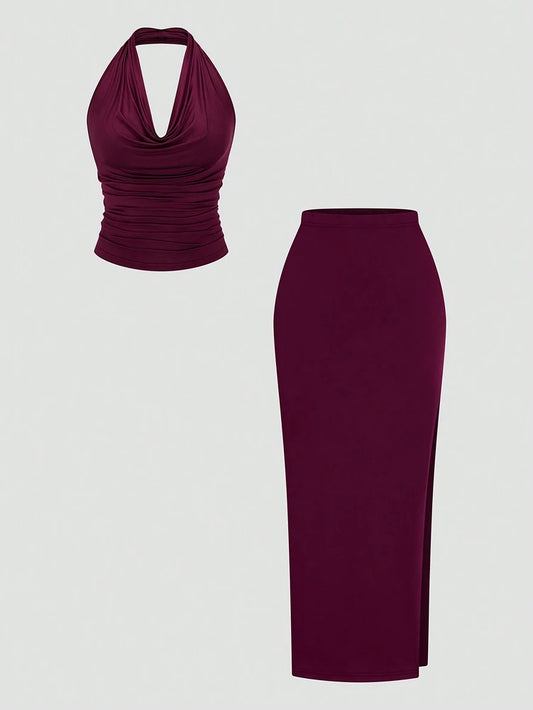 Plus Size Burgundy Sexy Romantic Urban Woman Sleeveless Neck Swing Neck Top + Split Half Skirt Long Skirt Two Piece Set