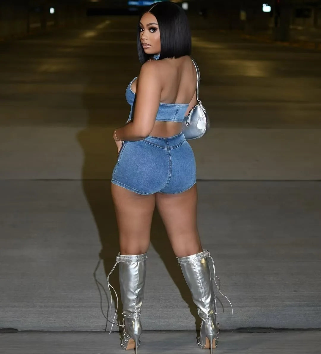 Y2K Sexy Denim 2 Piece Sets, Sleeveless Backless Halter Crop Top and Shorts Suit streetwear
