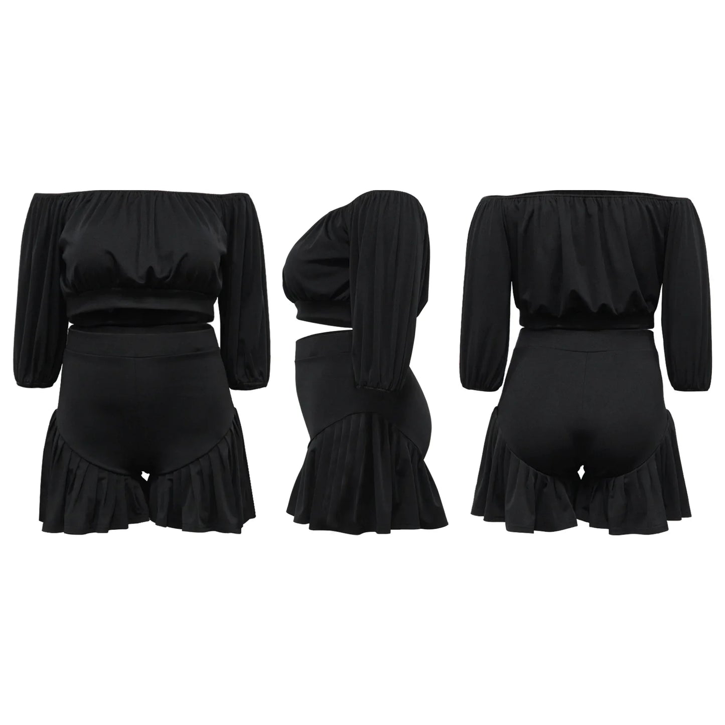 Plus Size Long Sleeve Slash Neck T-Shirt and Shorts Ruched 2 Piece Set
