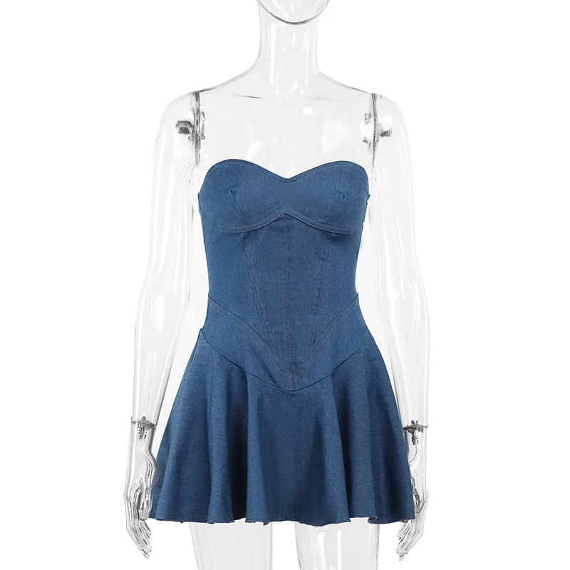 Blue Denim Dress Strapless Pleated Mini Dresses