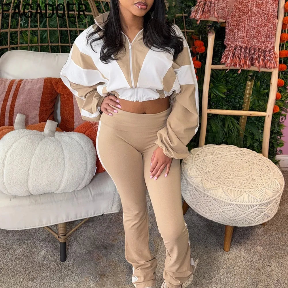 Two Piece Outfits Color Block Long Sleeve Zipper Jacket and Jogger Pants Tracksuit Streetwear