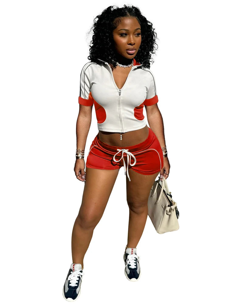 Panelled Two Tone Slim Sports Short Sleeve Shorts Suits Zip Crop Tops Casual 2 Two Piece Set