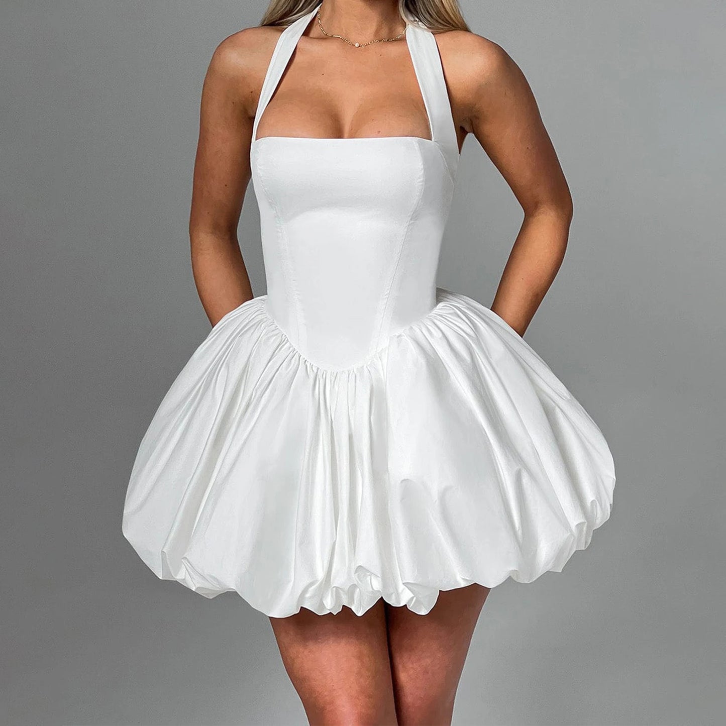 Women Bubble Halter Mini Dress Elegant  Tie up Backless Corset