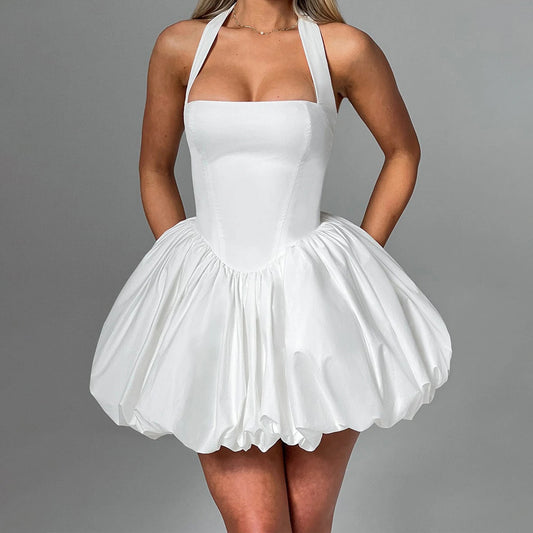 Women Bubble Halter Mini Dress Elegant  Tie up Backless Corset