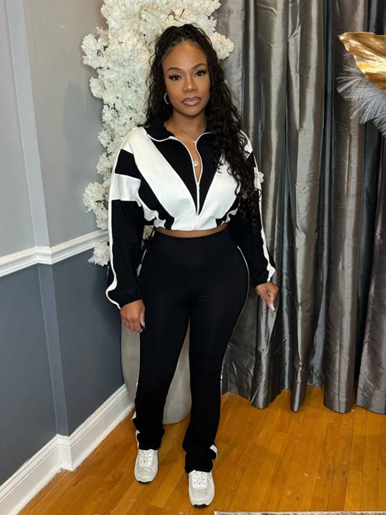 Two Piece Outfits Color Block Long Sleeve Zipper Jacket and Jogger Pants Tracksuit Streetwear