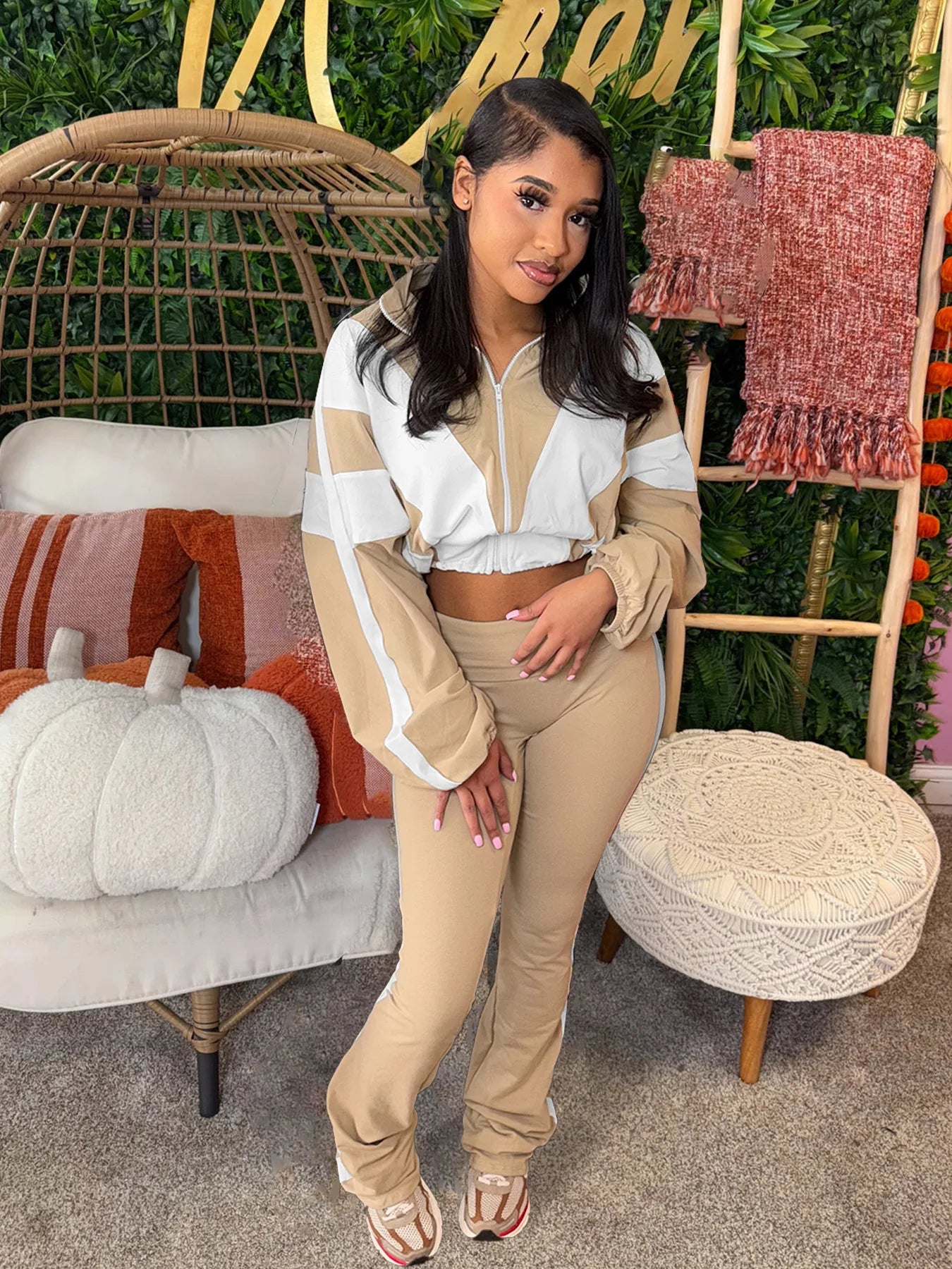 Two Piece Outfits Color Block Long Sleeve Zipper Jacket and Jogger Pants Tracksuit Streetwear