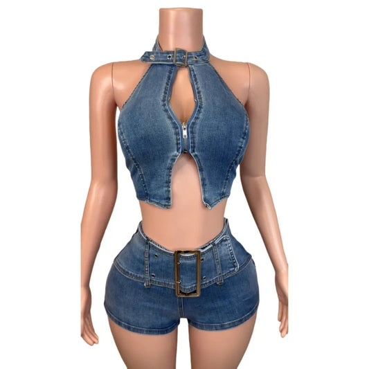 Y2K Sexy Denim 2 Piece Sets, Sleeveless Backless Halter Crop Top and Shorts Suit streetwear