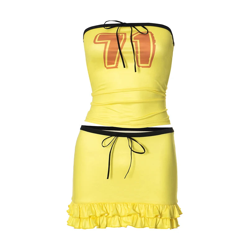 Letter Print 2 Piece Sets  Strapless Skinny Tops+Low Waist Ruffles Tierred Mini Skirts Matching Outfit