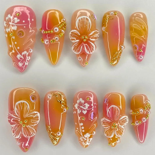 24pcs White Flower Fake Nail Yellow Pink Blush Almond Shaped Press on Nails
