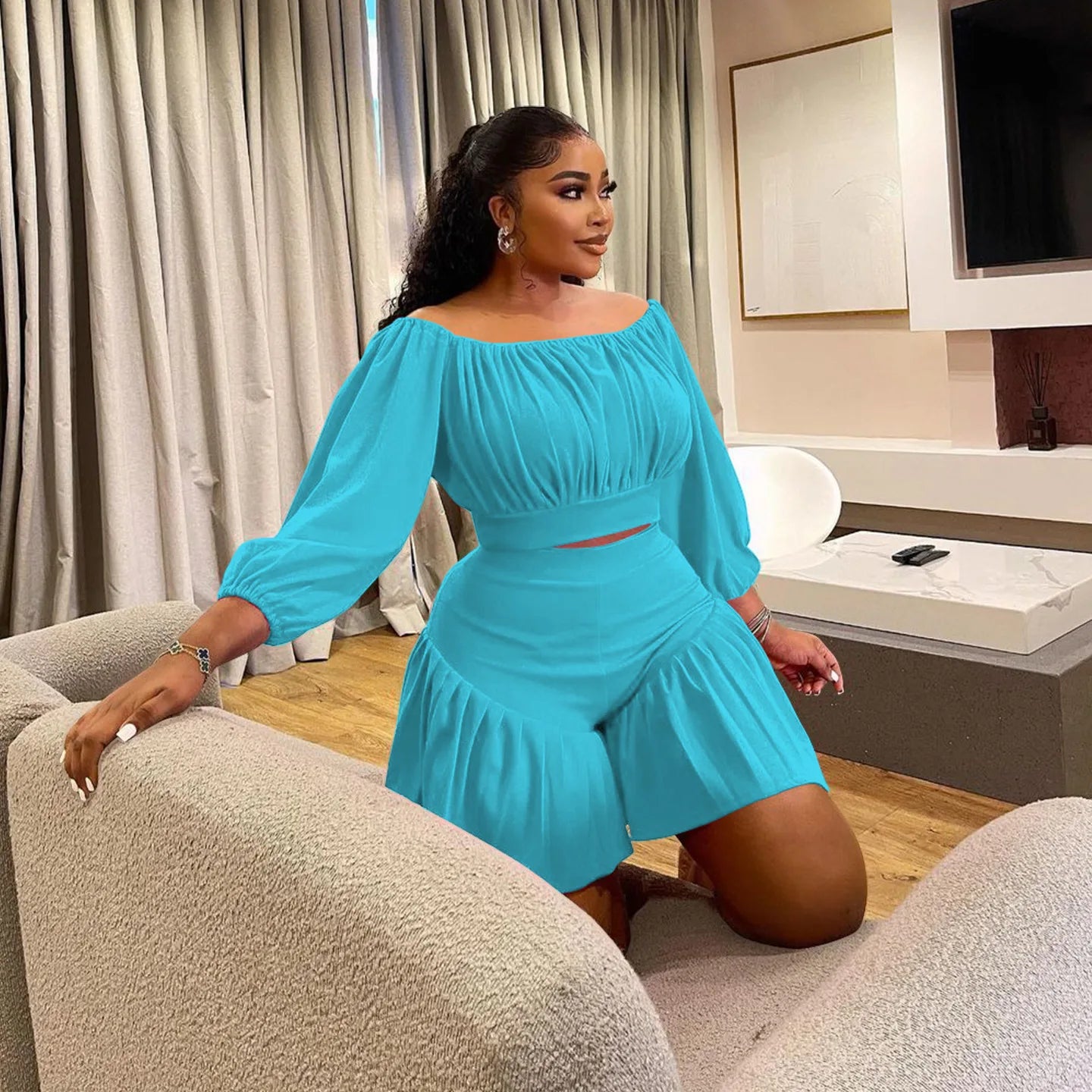 Plus Size Long Sleeve Slash Neck T-Shirt and Shorts Ruched 2 Piece Set
