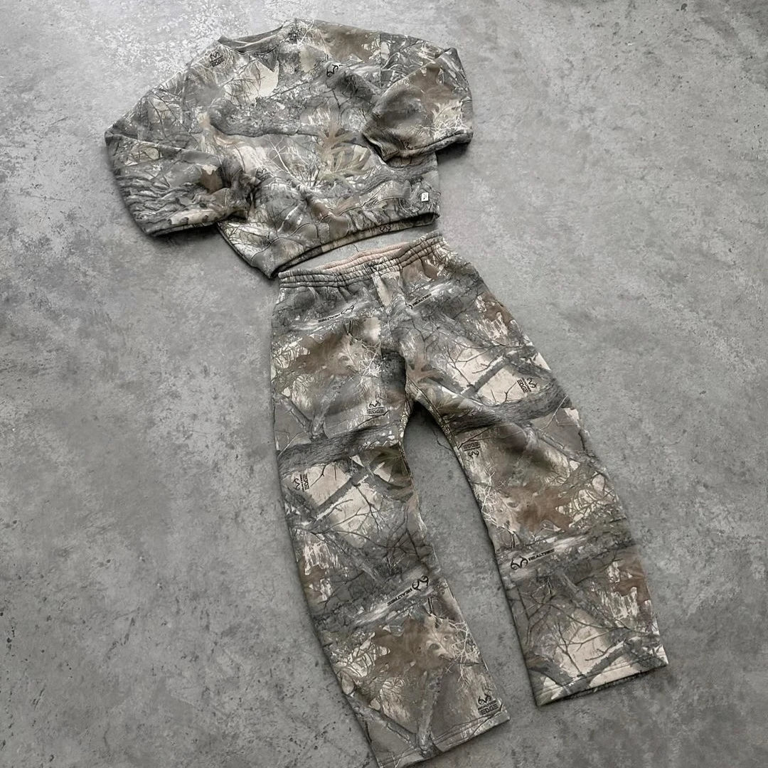 Streetwear Camouflage Two-piece Set Hoodie Y2K Pullover Loose Sweatpants Casual Wide Leg Pant