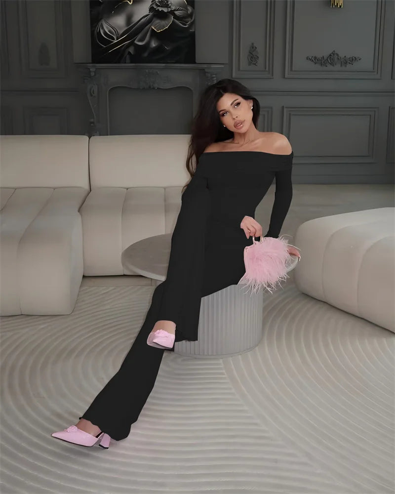 Two Pieces Sets Women Off-shoulder Long Sleeve T-shirt And Trouser Ruffle Ruched Long Pants Set
