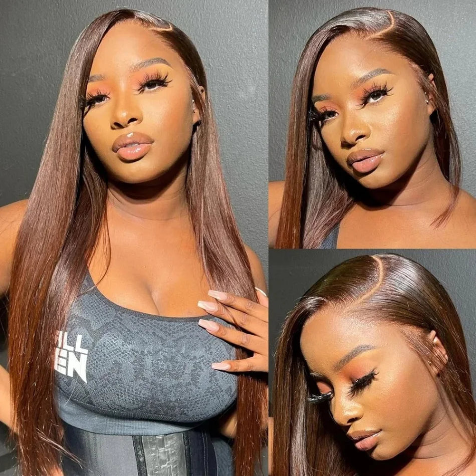 Chocolate Brown Bone Straight Preplucked Hd Lace Wig