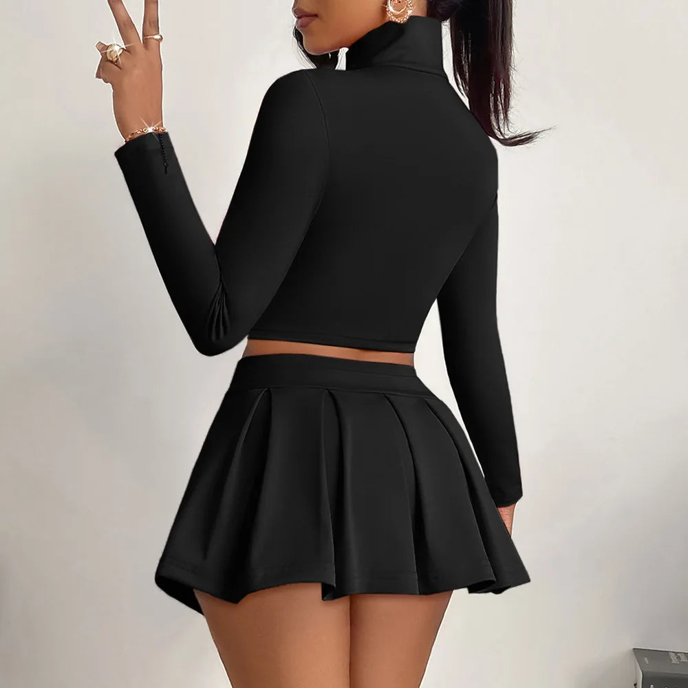 Pink Sport Women Set Long Sleeves Zip Short Jacket Top + Pleated Mini Skirt