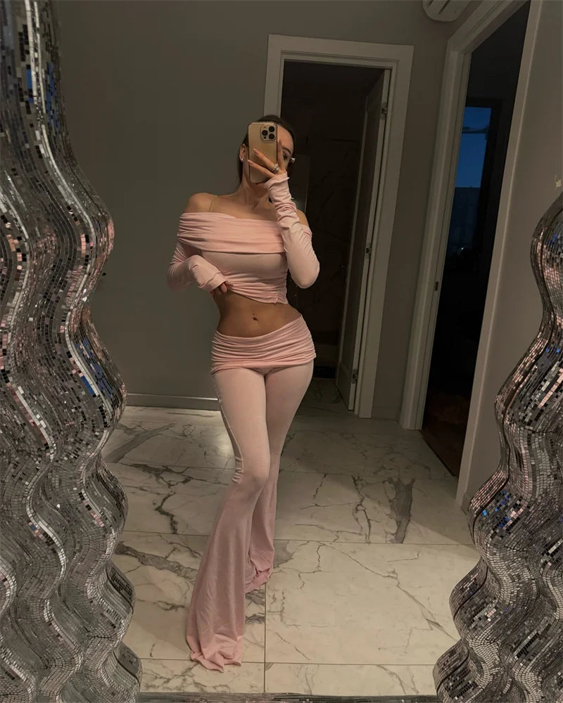 Two Pieces Sets Women Off-shoulder Long Sleeve T-shirt And Trouser Ruffle Ruched Long Pants Set