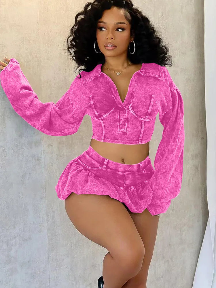 Washed Top & Bubble Skort Set 2 Piece Outfits Ribbed Set