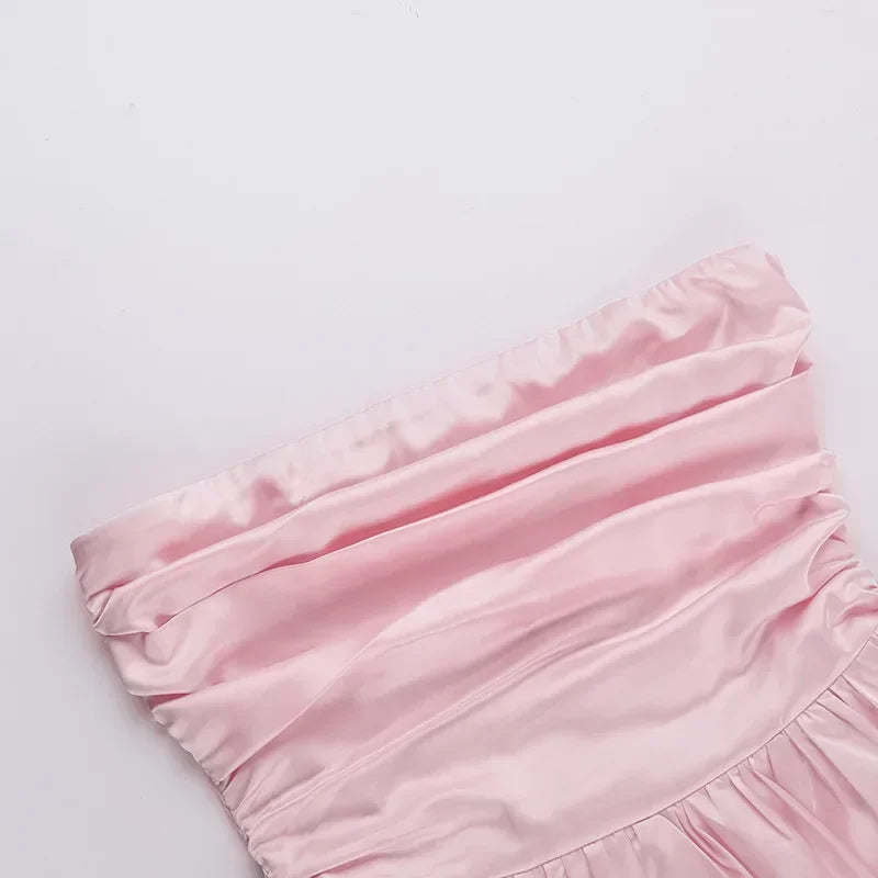 Sexy Bandeau Mini Dress Women Off Shoulder Sleeveless Pleated High Waist Elegant Dress