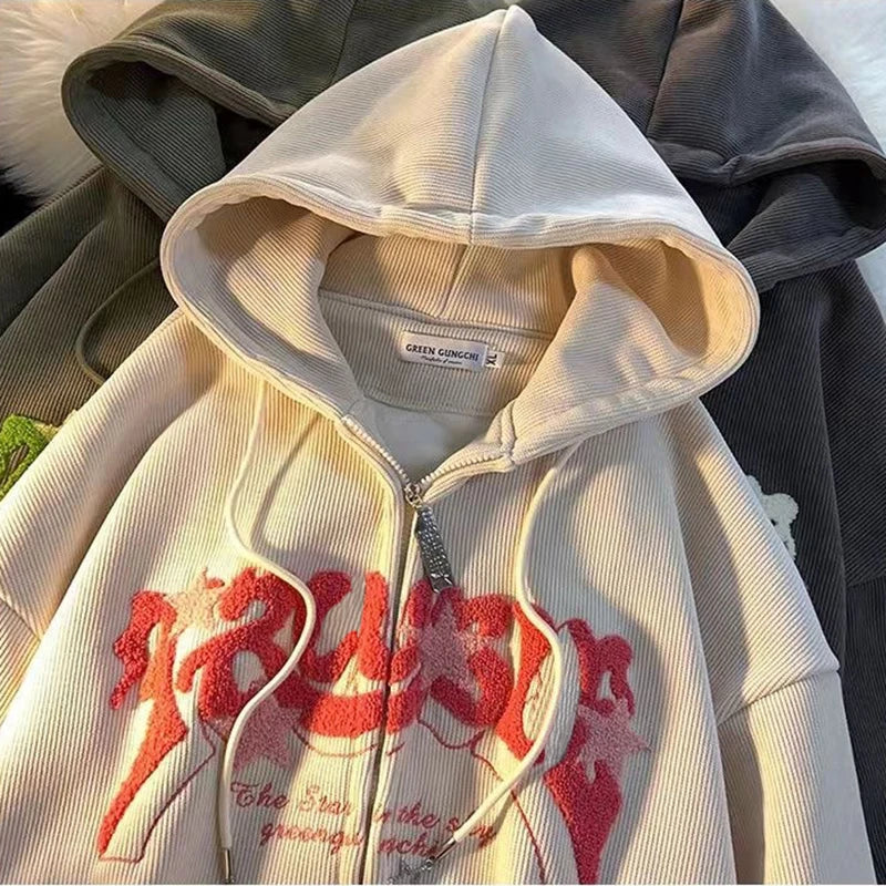 Embroidery Zip Up Hoodies Women Long Sleeve Tops Loose Hood Shirt Harajuku Y2K
