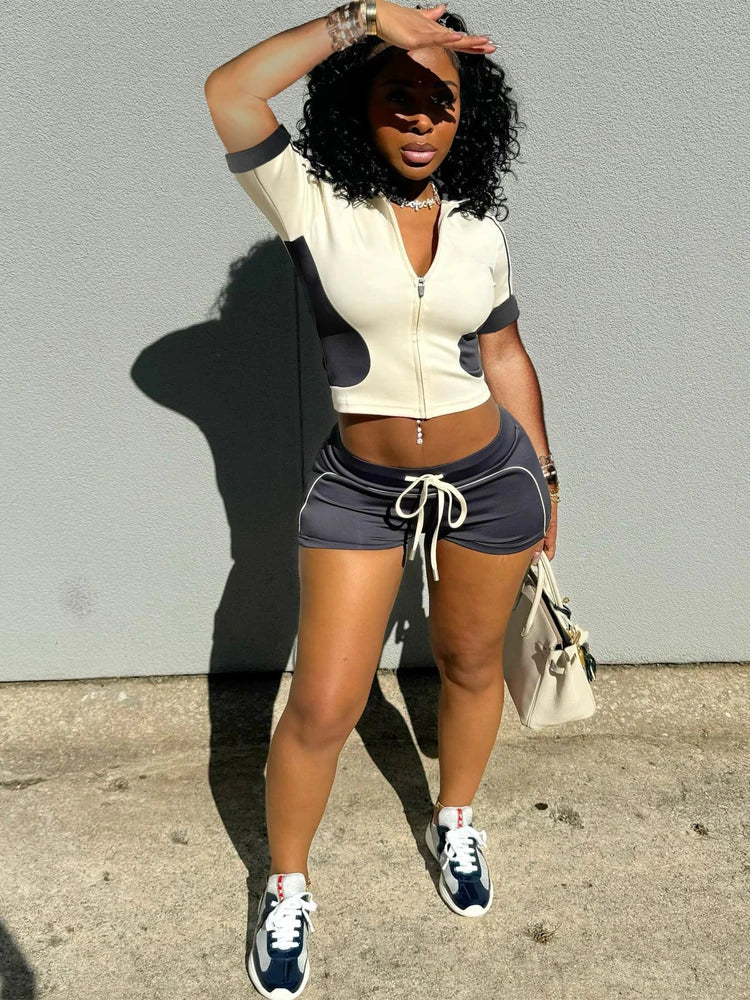 Panelled Two Tone Slim Sports Short Sleeve Shorts Suits Zip Crop Tops Casual 2 Two Piece Set