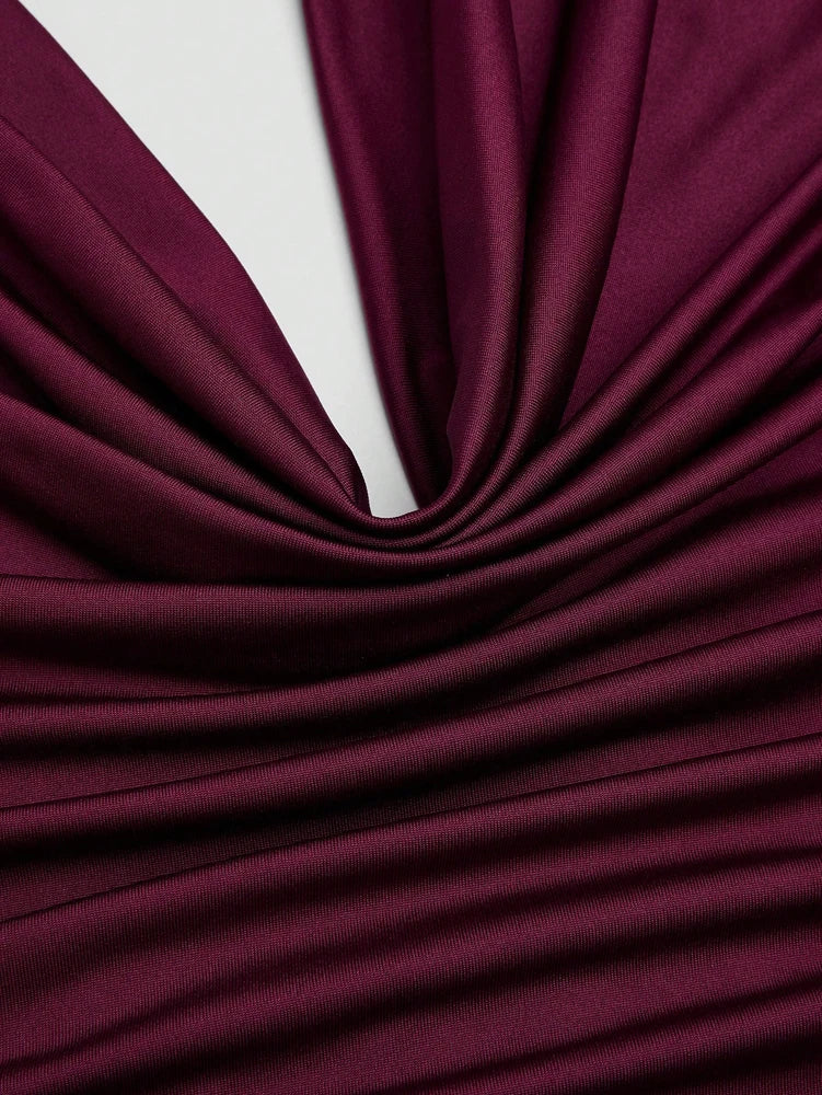 Plus Size Burgundy Sexy Romantic Urban Woman Sleeveless Neck Swing Neck Top + Split Half Skirt Long Skirt Two Piece Set