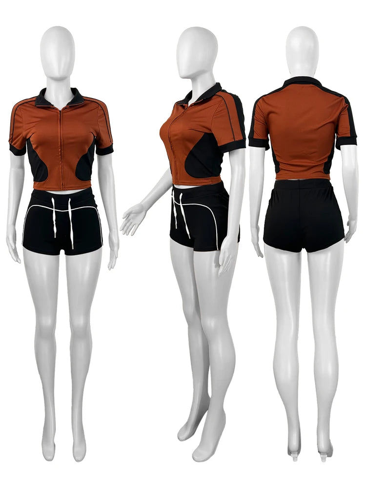 Panelled Two Tone Slim Sports Short Sleeve Shorts Suits Zip Crop Tops Casual 2 Two Piece Set