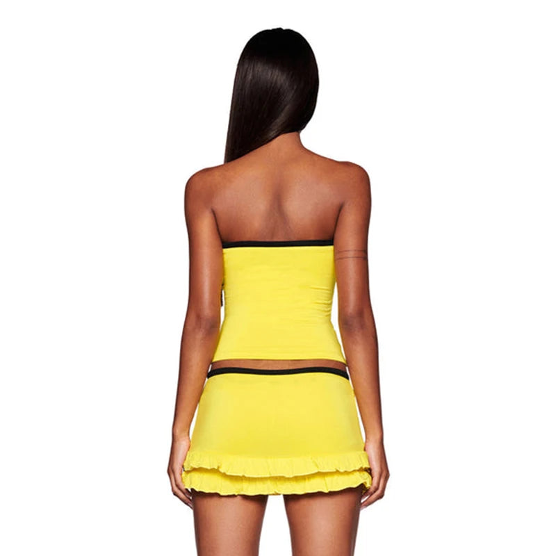Letter Print 2 Piece Sets  Strapless Skinny Tops+Low Waist Ruffles Tierred Mini Skirts Matching Outfit
