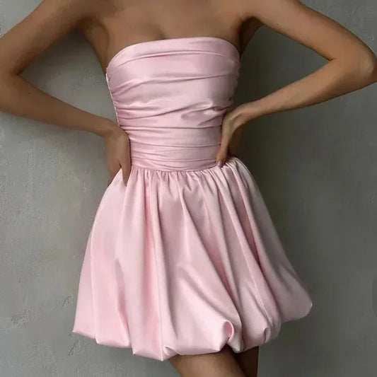 Sexy Bandeau Mini Dress Women Off Shoulder Sleeveless Pleated High Waist Elegant Dress