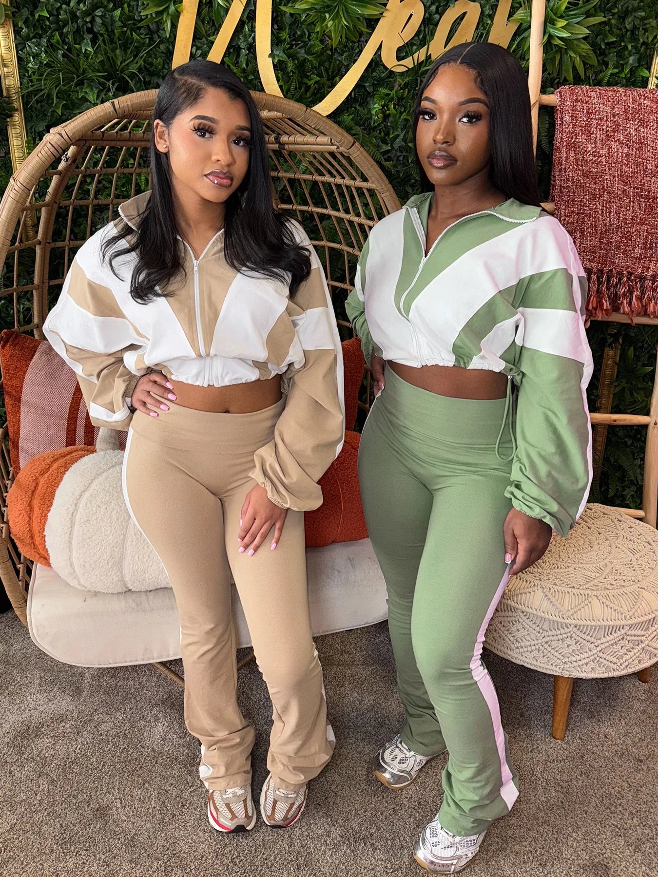 Two Piece Outfits Color Block Long Sleeve Zipper Jacket and Jogger Pants Tracksuit Streetwear