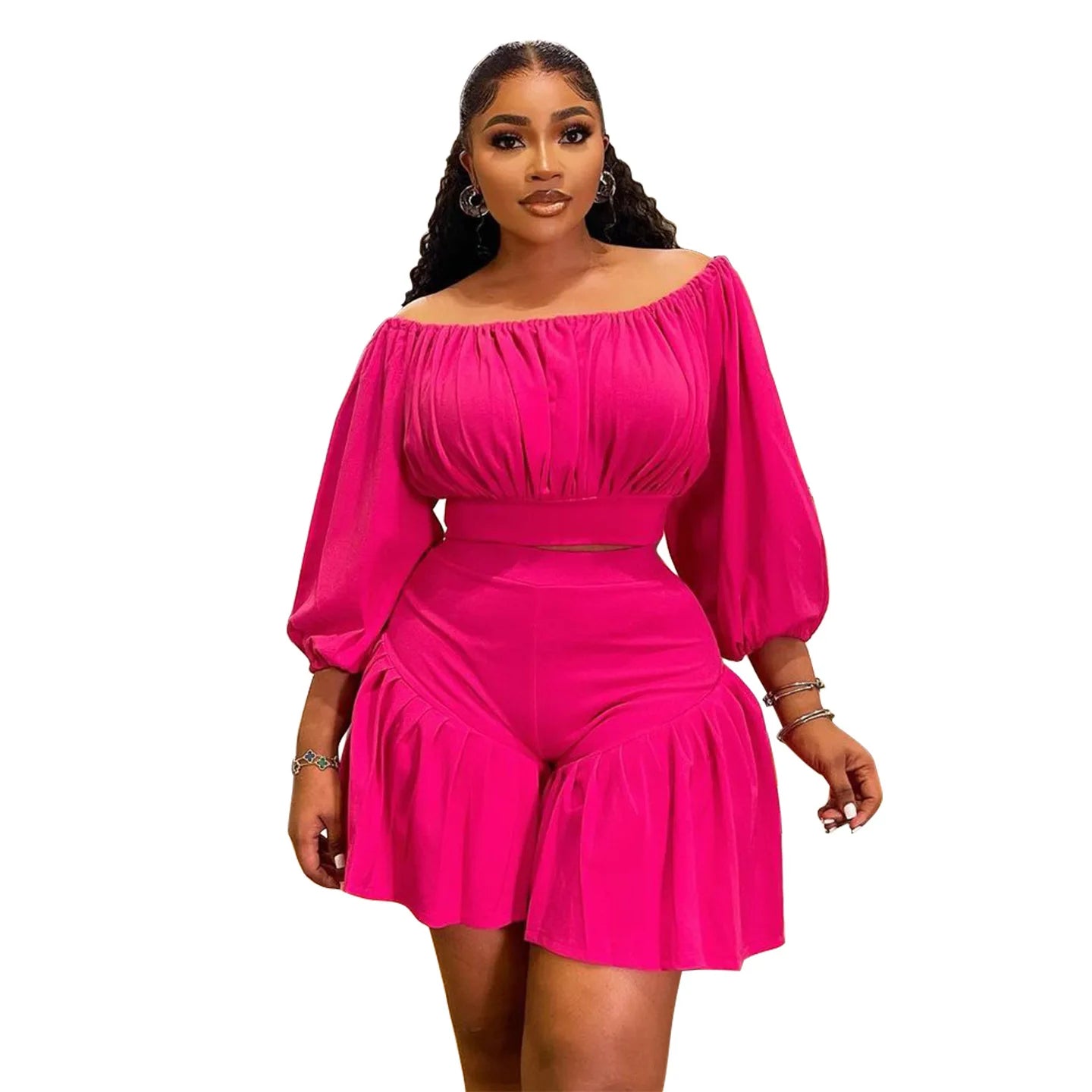Plus Size Long Sleeve Slash Neck T-Shirt and Shorts Ruched 2 Piece Set